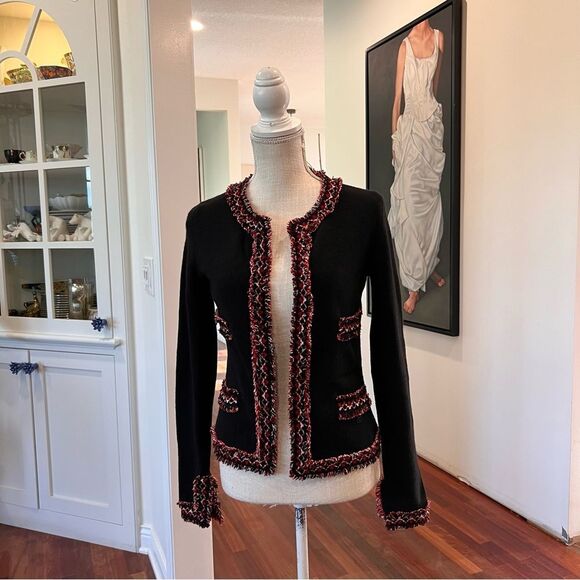 CHANEL Black and Red Cashmere Sweater Jacket Size 38 - Picture 1 of 15